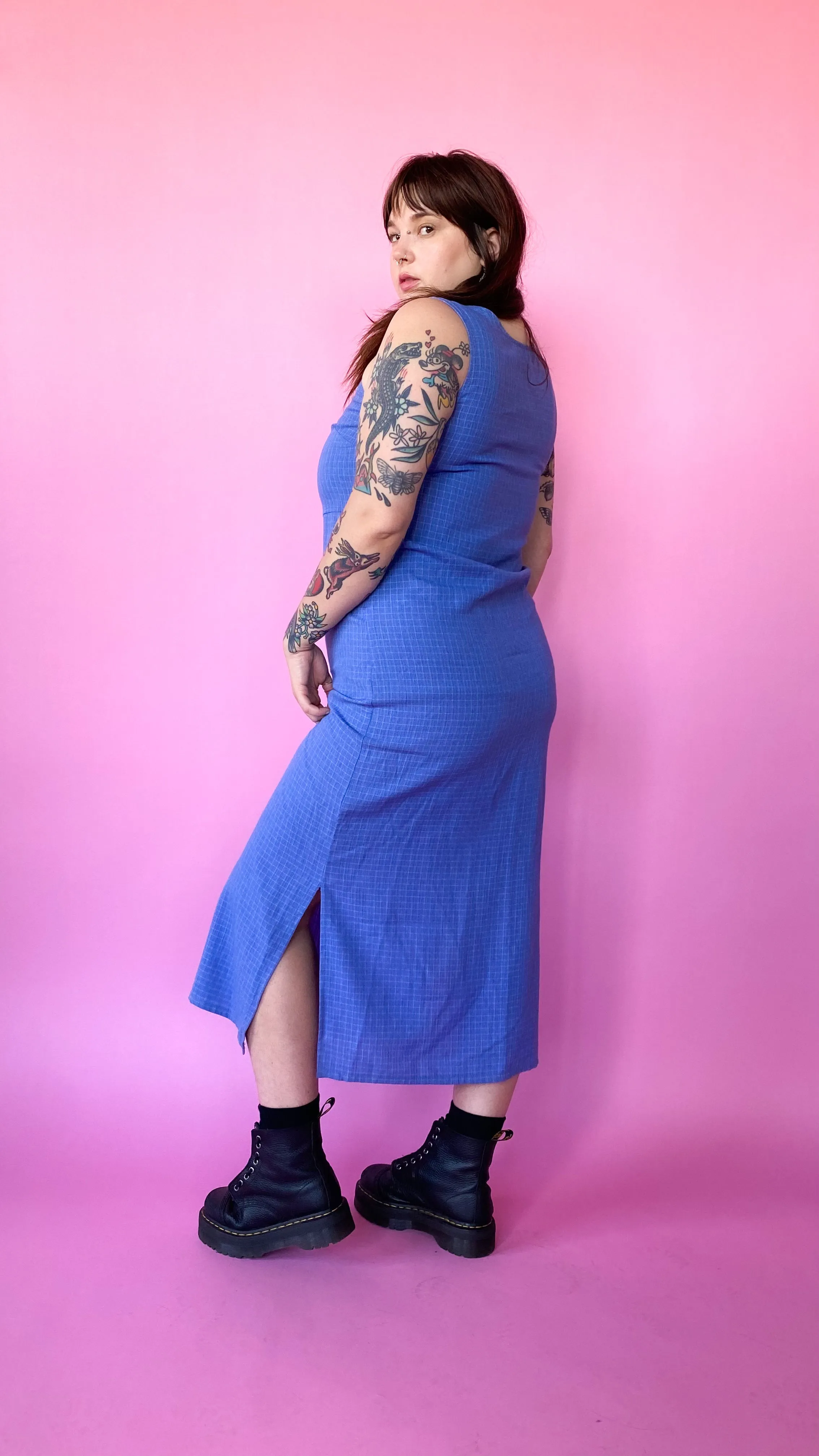 1990s Blue Grid Dress, sz. XL