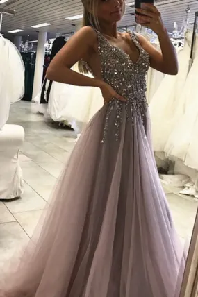 2020 v-neck backless grey tulle sparkle beaded long prom dresses, PD4154