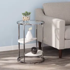 24" Black Metal Glass And Faux Marble Round End Table With Two Shelves By Homeroots