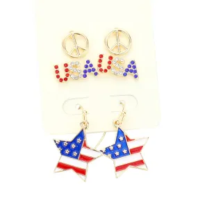 3Pairs Peace Sign USA American Flag Star Earrings