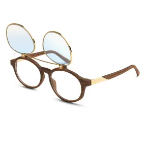 9Five Lane Wood 24K Gold Flip Up Blue Sunglasses