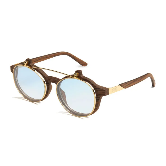 9Five Lane Wood 24K Gold Flip Up Blue Sunglasses