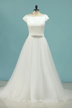 A Line Bateau Short Sleeves Satin & Tulle With Beads Wedding Dresses