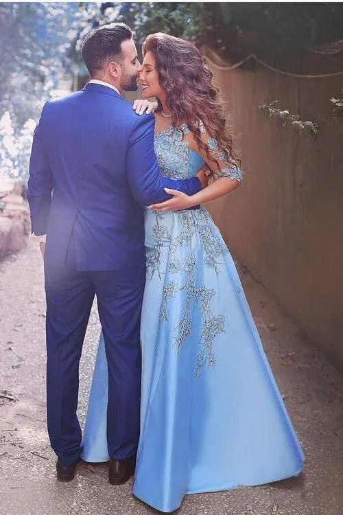 A line Blue Half Sleeve Satin Beads Prom Dresses Sweetheart Lace Appliques Formal Dress JS551