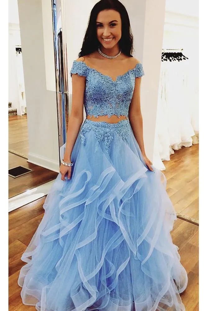 A Line Blue Lace Off the Shoulder Tulle Ruffled Beaded Two Piece Prom Dresses JS406