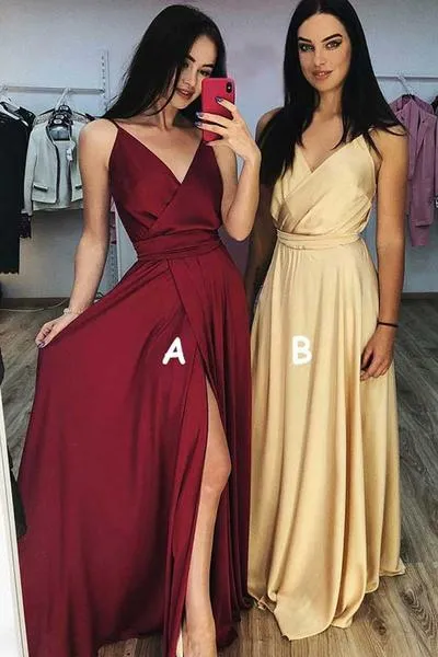 A line Burgundy Ruffles V Neck Elastic Satin Prom Dresses with High Slit JS694