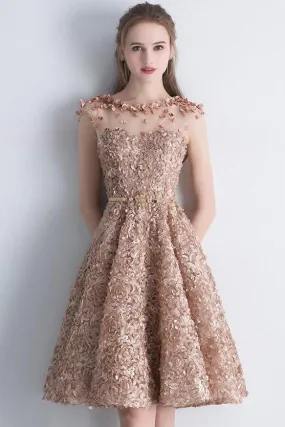 A Line Gold Cap Sleeves Scoop Lace Appliques Short Prom Dresses Homecoming Dresses JS907