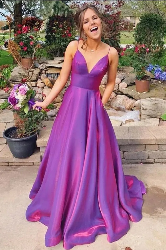 A Line Grape Spaghetti Straps Satin V Neck Long Prom Dresses Backless Evening Dresses SJS15488