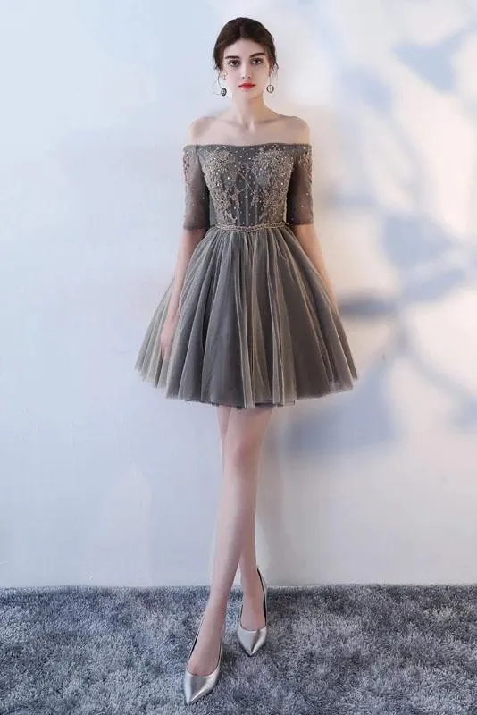 A Line Half Sleeves Gray Off the Shoulder Homecoming Dresses Short Prom Dresses H1135