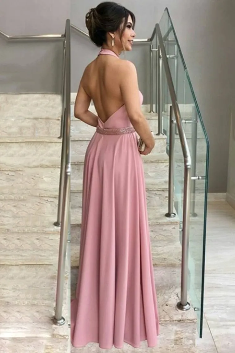 A Line Halter Prom Dresses With Beads Waistline Elastic Satin