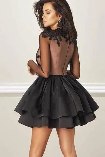 A Line Jewel Long Sleeve Black Above Knee Homecoming Dress with Appliques JS890