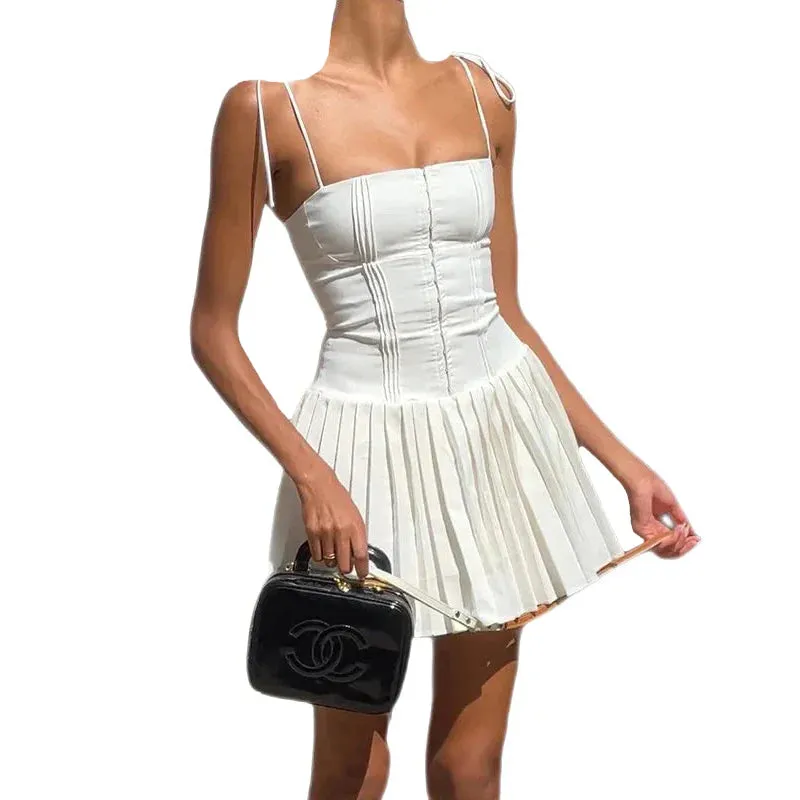 A Line Pleated Lace Up Spaghetti Strap Buckle Up Corset Dress