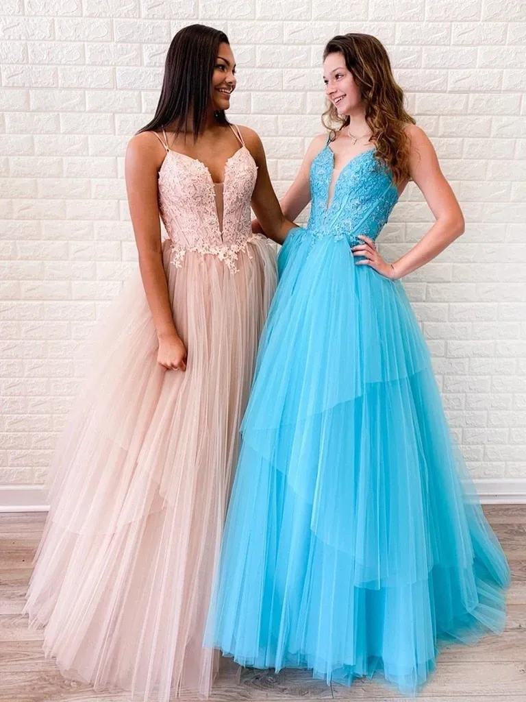 A Line V Neck Light Blue /Dusty Pink Backless Tulle Lace Long Prom Dresses, Open Back  Light Blue /Dusty Pink Lace Formal Evening Dresses