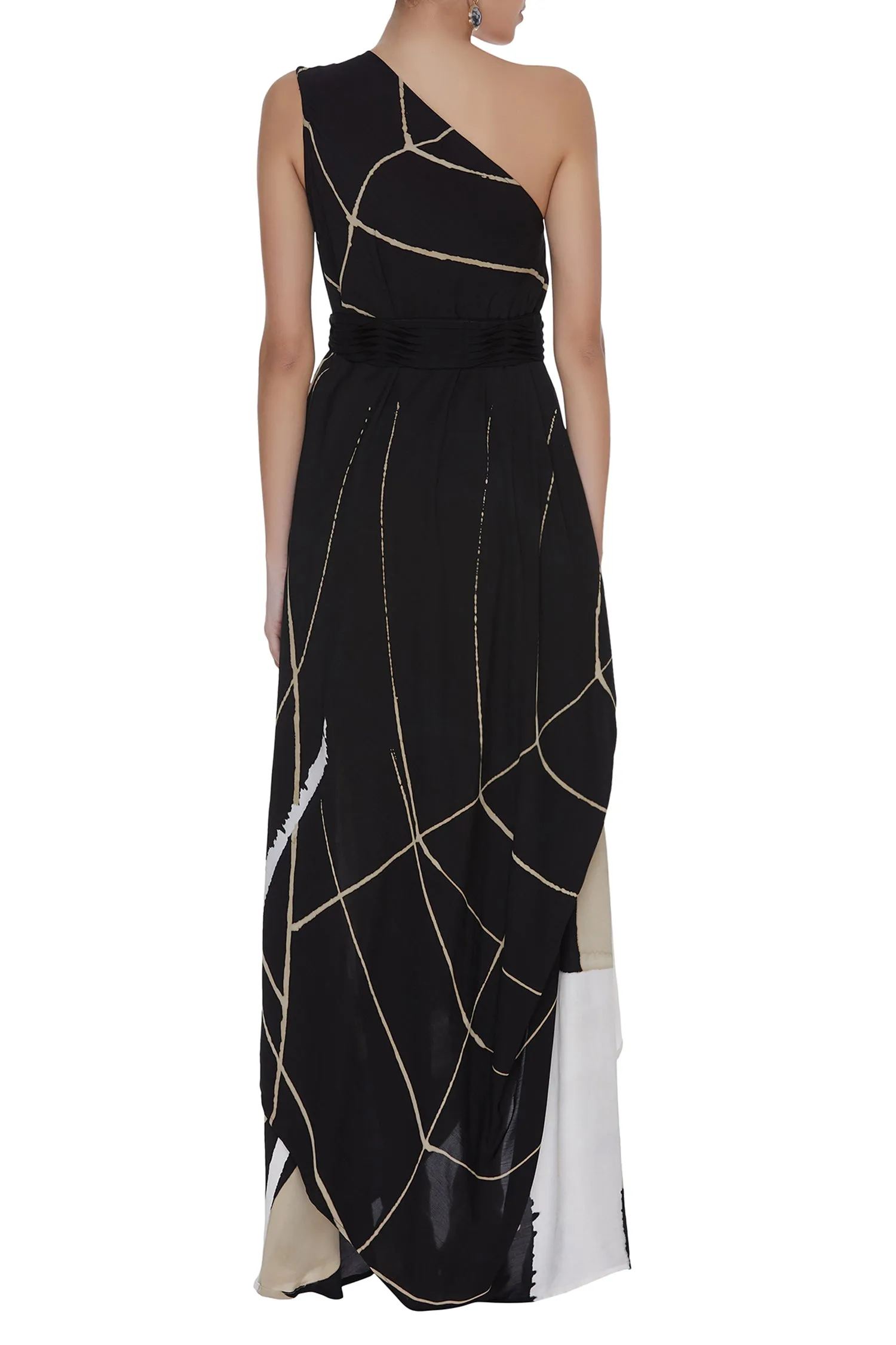 Abstract Printed One Shoulder Drape Dress with Corset Belt