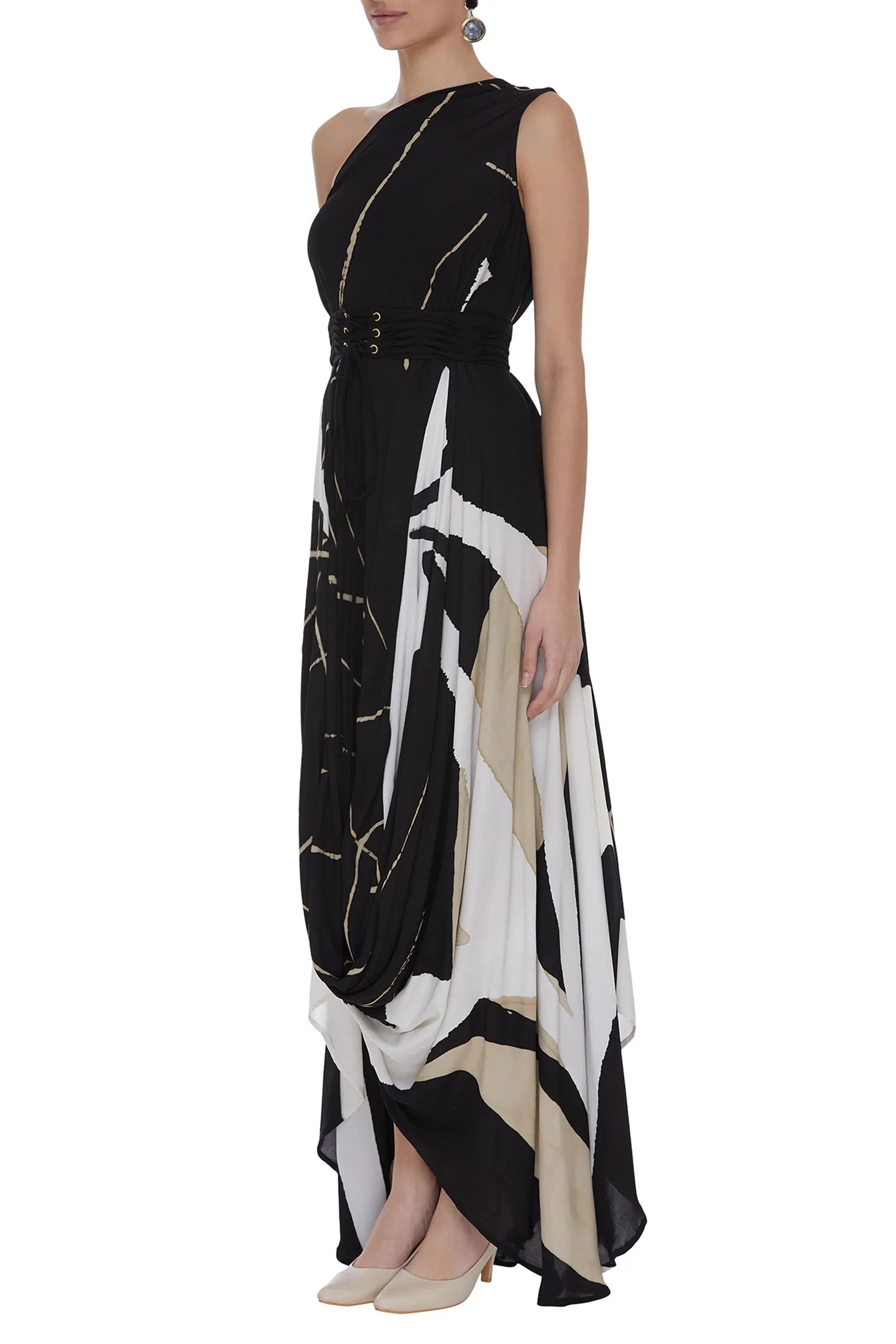 Abstract Printed One Shoulder Drape Dress with Corset Belt