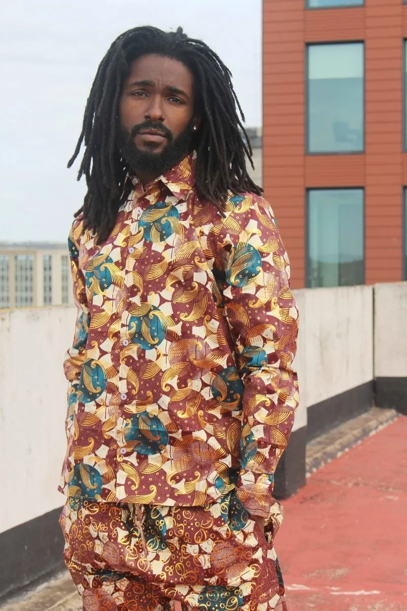 African Shirt in Gold Red Ankara Print - Festival Clothing