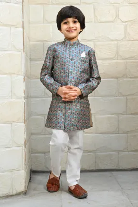 Ahhaaaa Kids Ethnic Silk Blend Indo-Western Sherwani Set For Boys