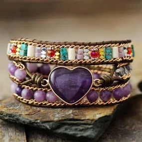 Amethyst Heart Charm & Beads Wrap Bracelet