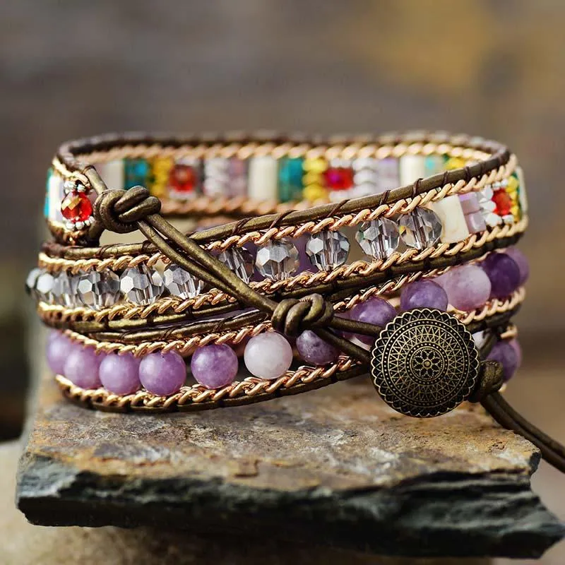 Amethyst Heart Charm & Beads Wrap Bracelet