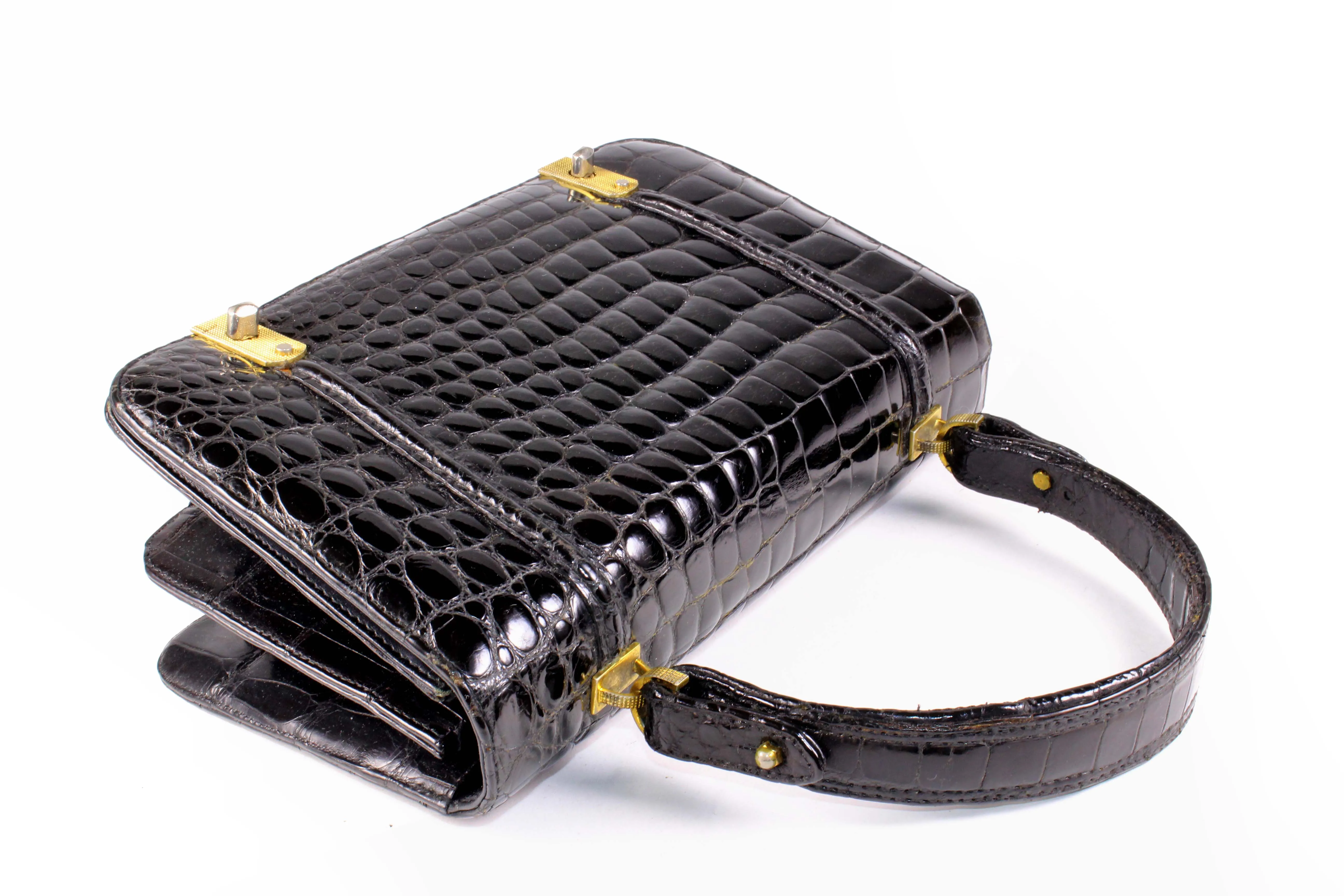 ARIES jet black crocodile skin handbag flap double clasp