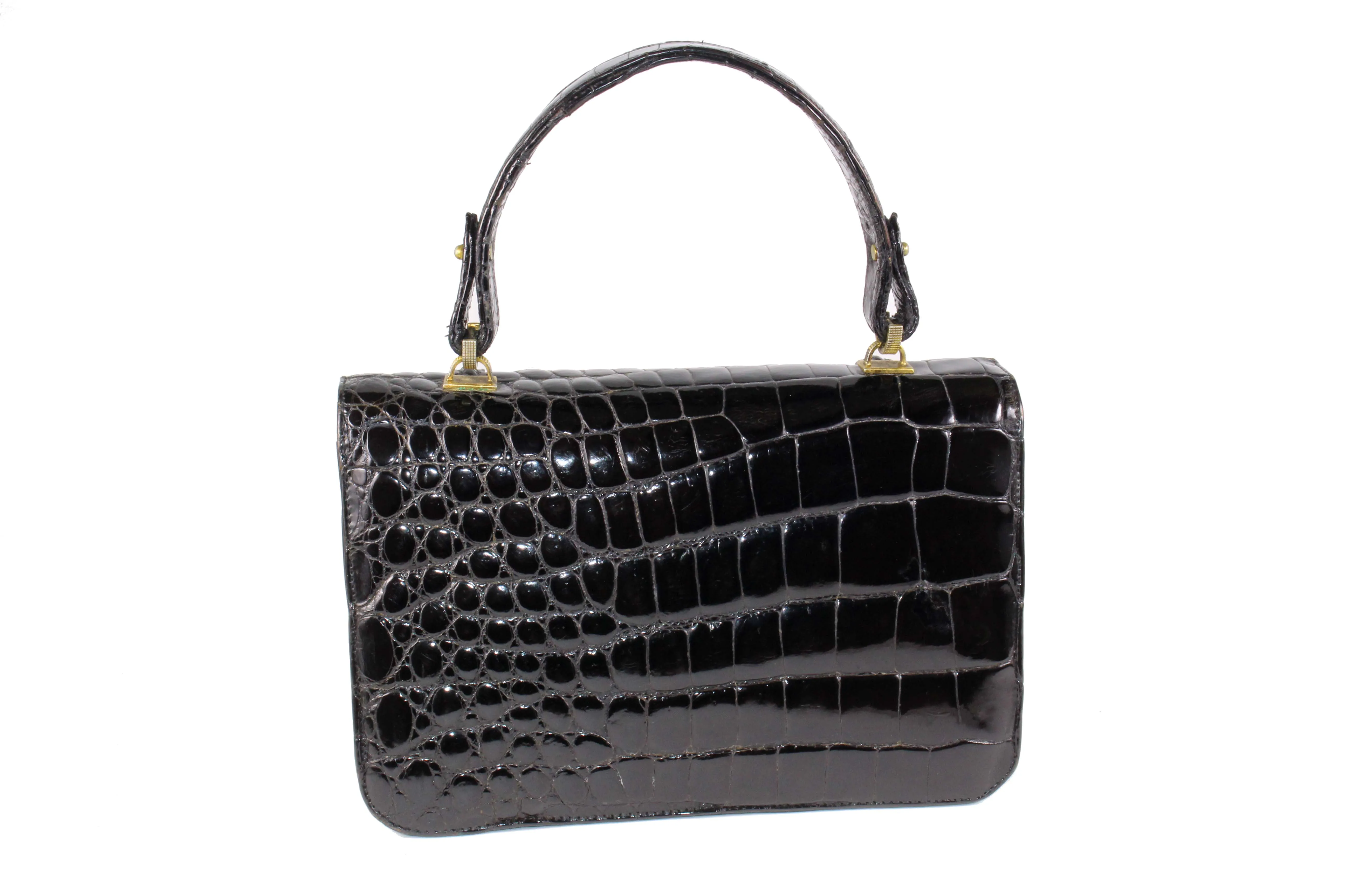 ARIES jet black crocodile skin handbag flap double clasp