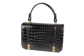 ARIES jet black crocodile skin handbag flap double clasp