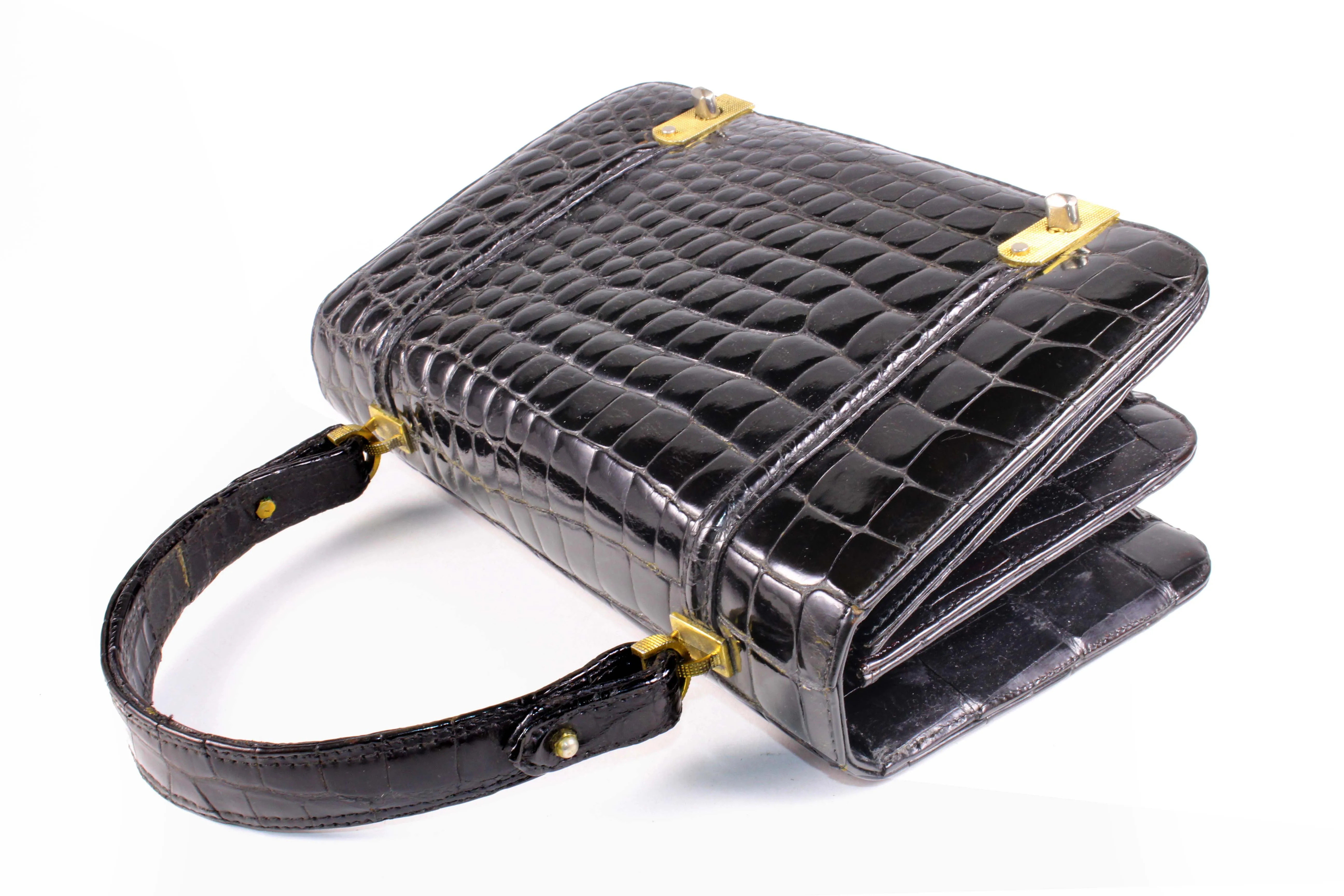 ARIES jet black crocodile skin handbag flap double clasp