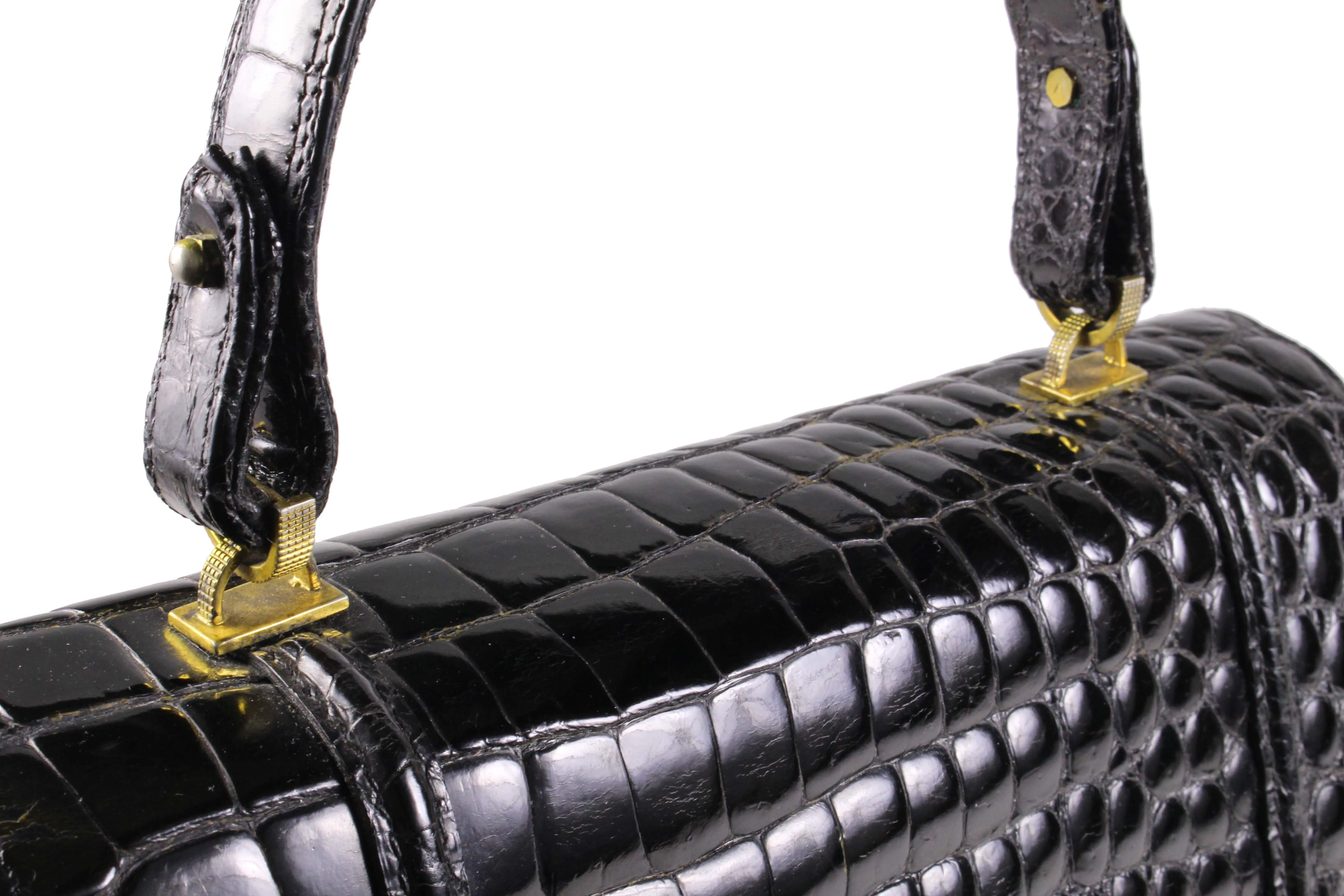 ARIES jet black crocodile skin handbag flap double clasp