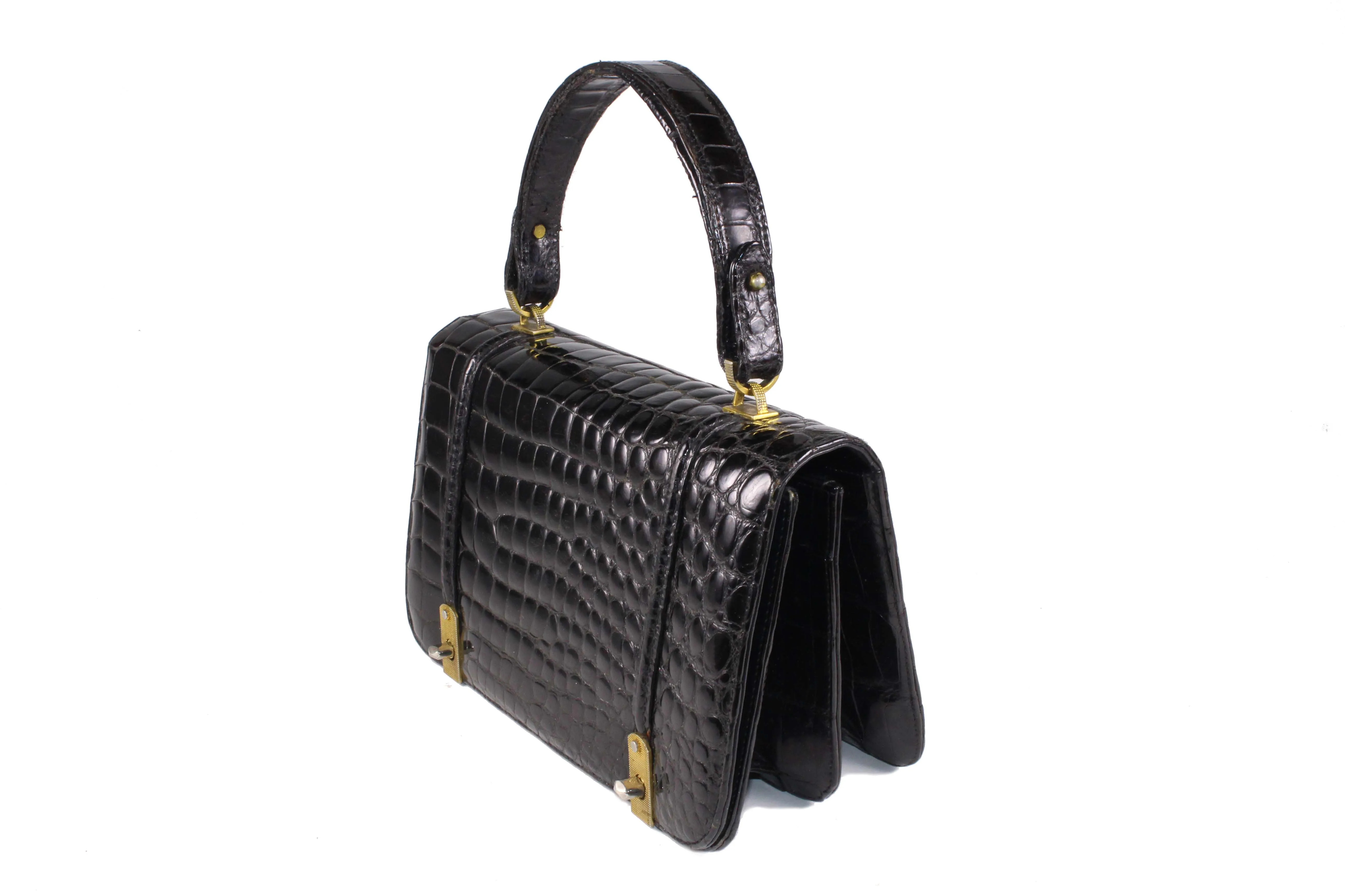 ARIES jet black crocodile skin handbag flap double clasp