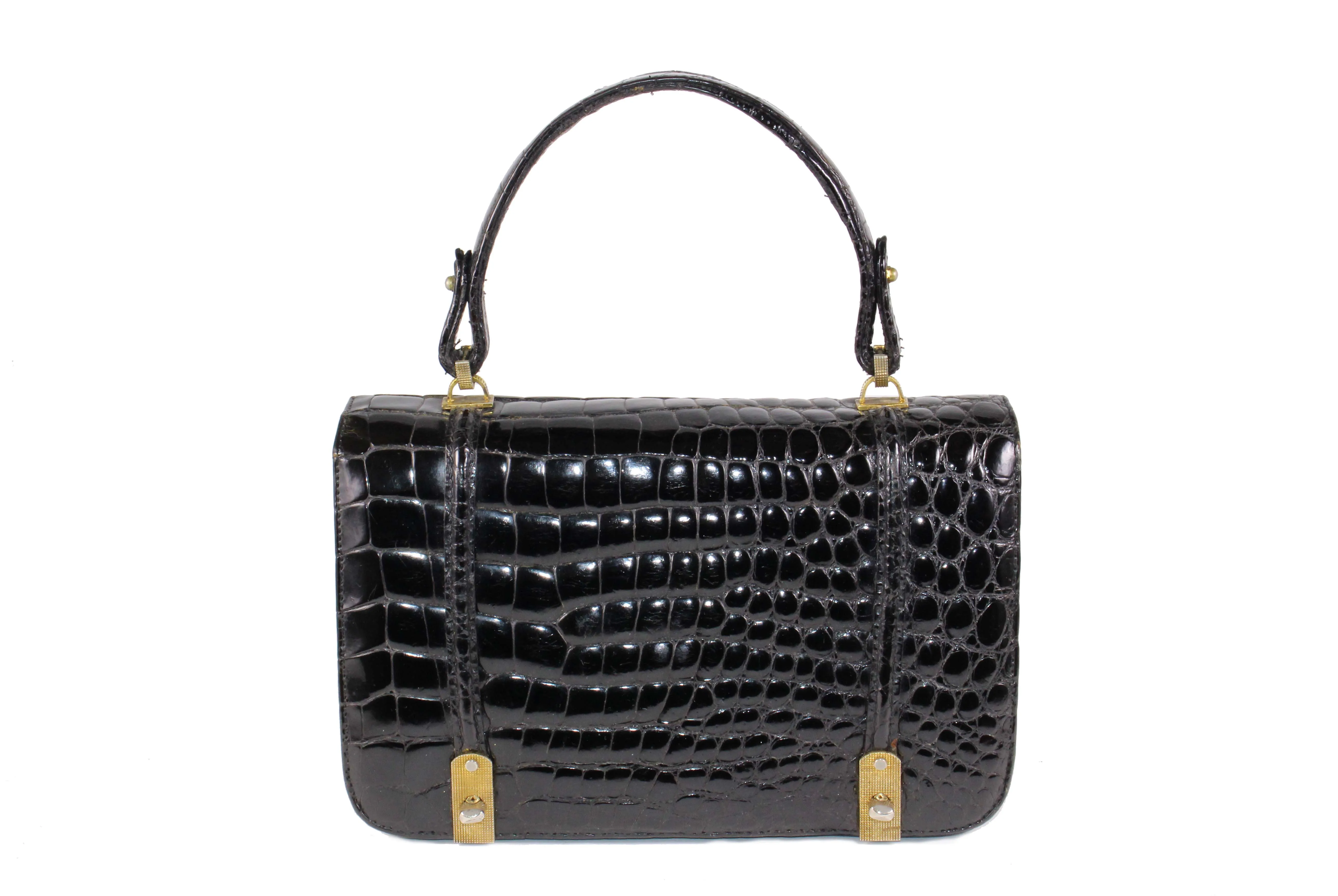 ARIES jet black crocodile skin handbag flap double clasp