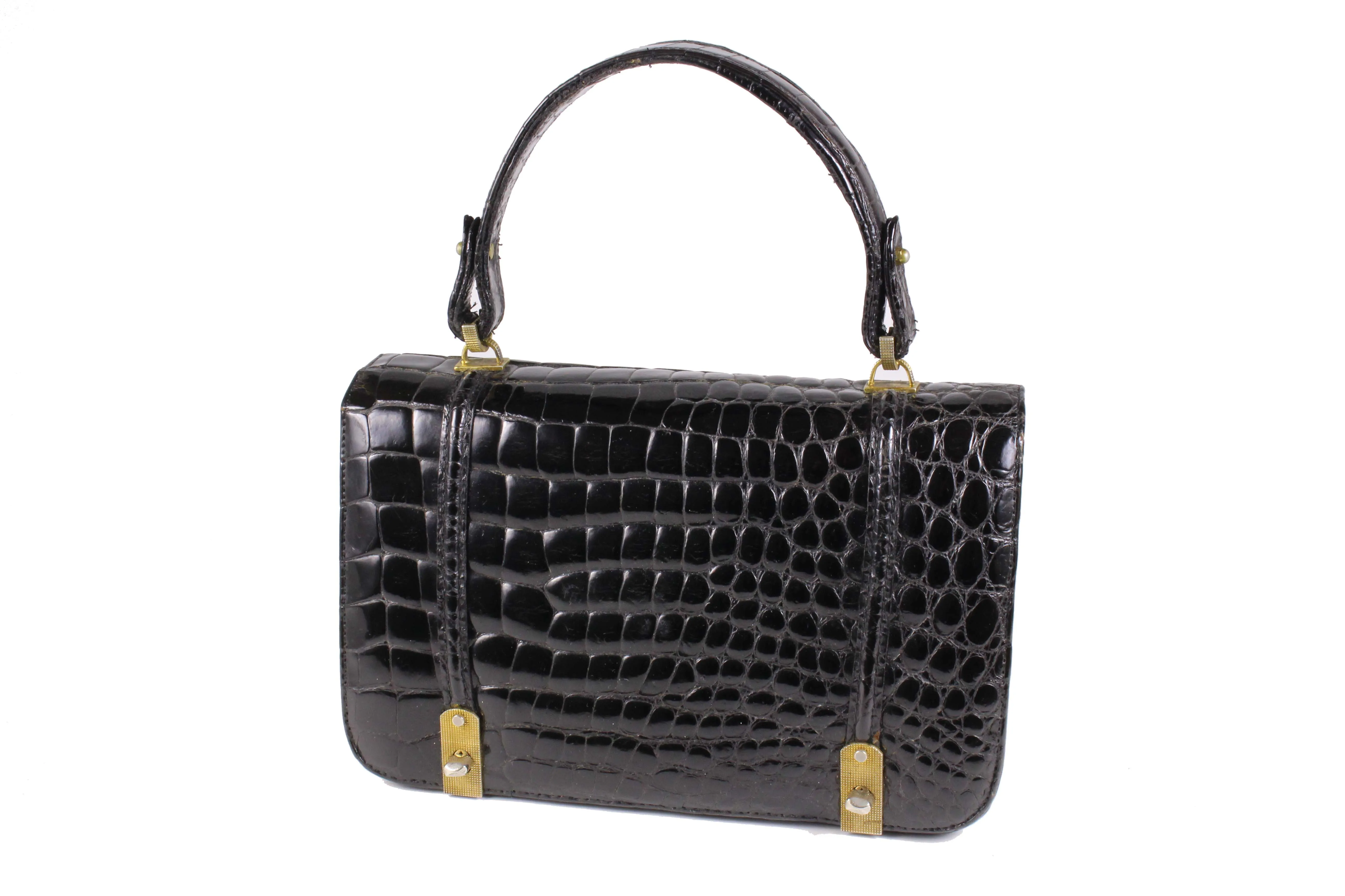 ARIES jet black crocodile skin handbag flap double clasp