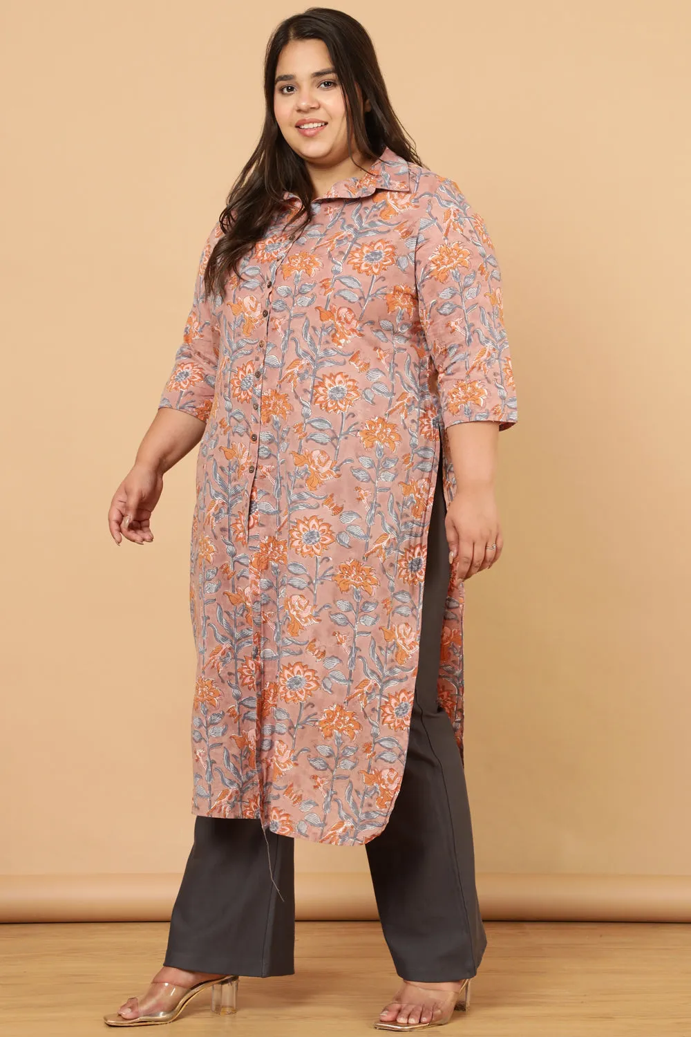 Authentic Handblock Printed Earthen Pink Kurta Shrug