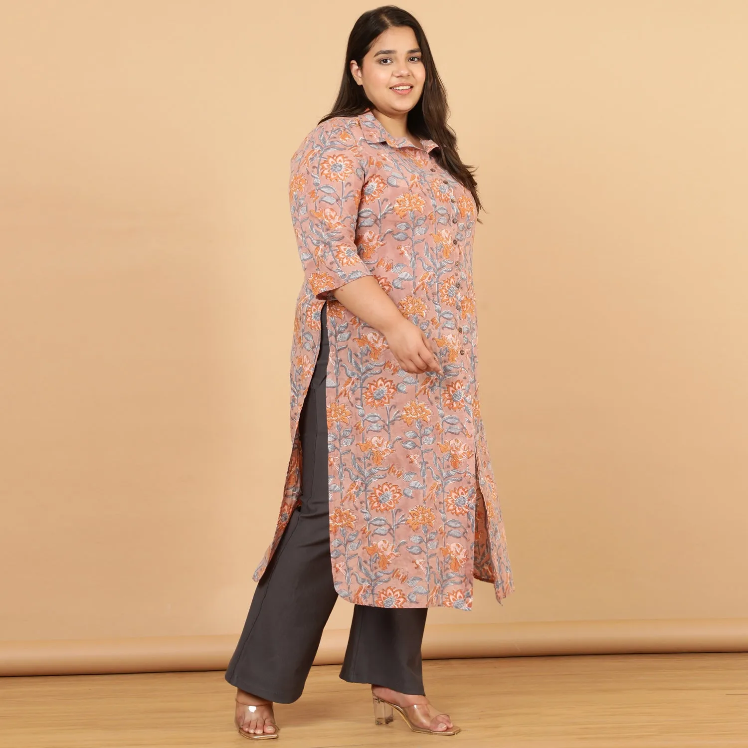 Authentic Handblock Printed Earthen Pink Kurta Shrug