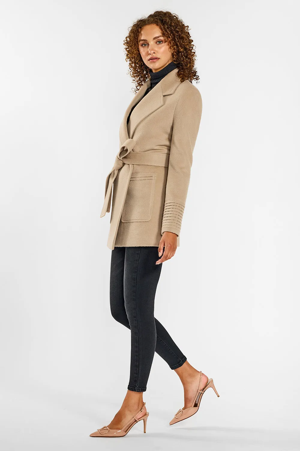 Baby Alpaca Cropped Notched Collar Wrap Coat with Square Pockets