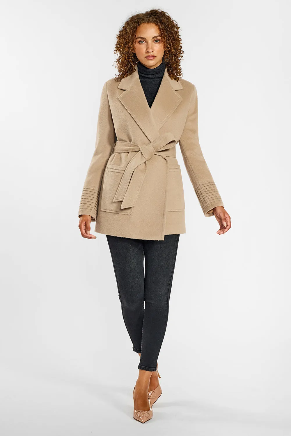 Baby Alpaca Cropped Notched Collar Wrap Coat with Square Pockets