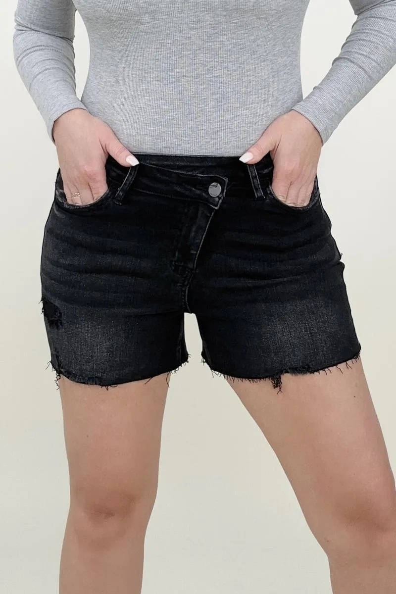 Bayeas Black High Rise Raw Hem Crossover Denim Shorts - OW *FINAL SALE*