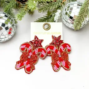 Beaded Candy Canes Earrings with Red Crystal Bow in Red and Pink