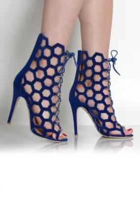 Bella Blue Suede Caged Lace Up Heels