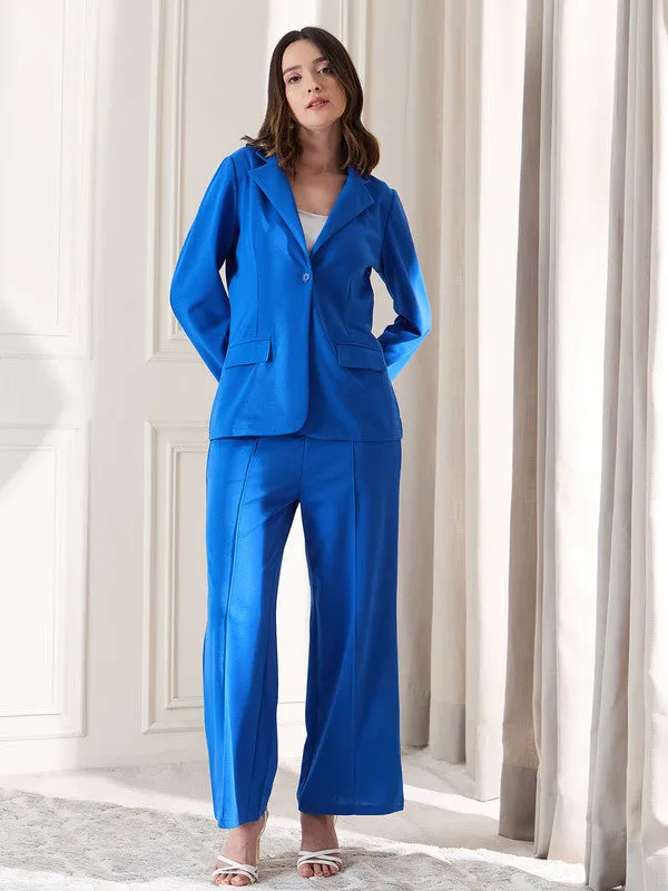 Berrylush BIZwear Women Solid Blue Collared Neck Long Sleeves Regular Blazer & High-Rise Waist Straight Leg Trousers Co-Ord Set