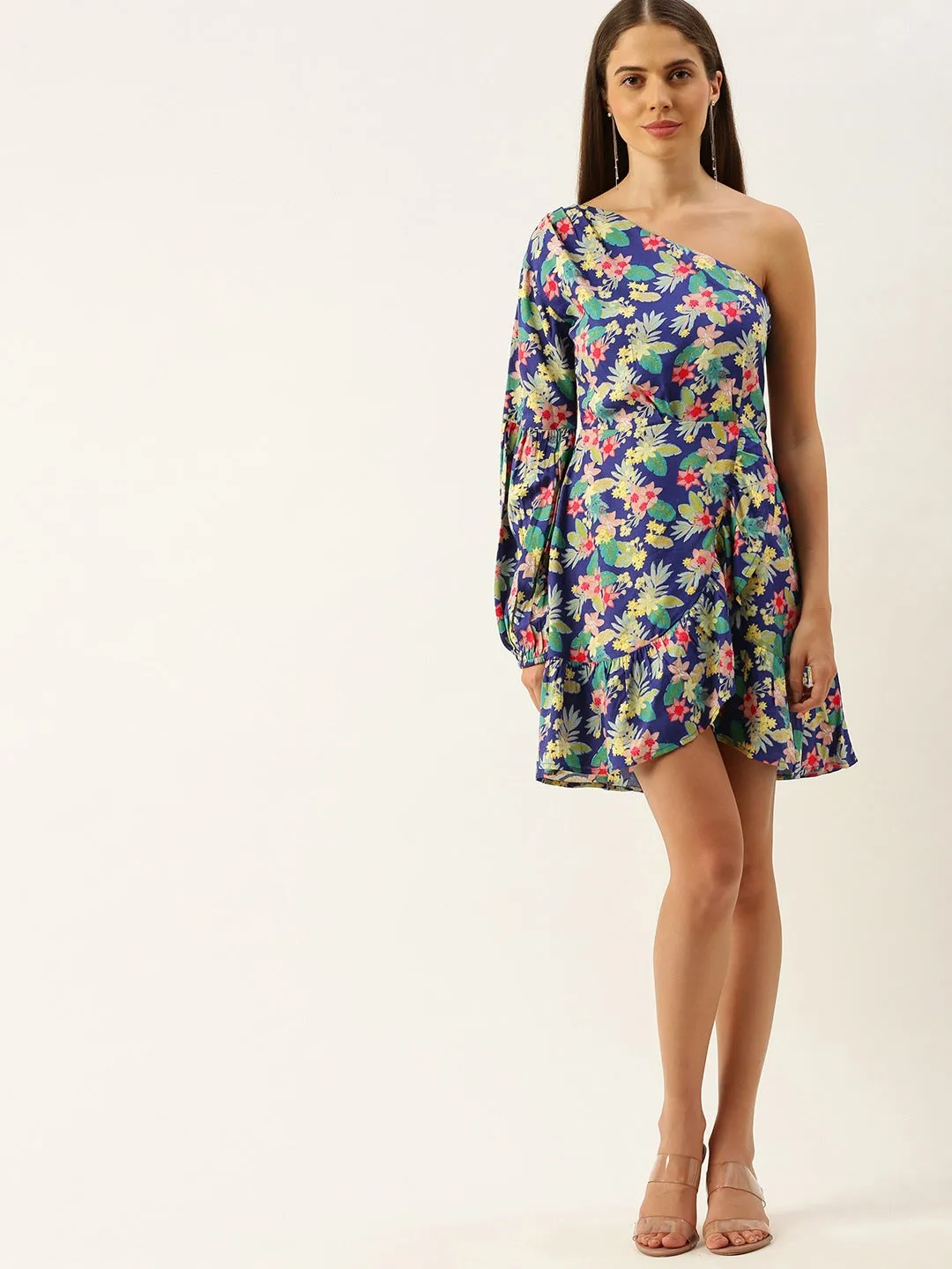 Berrylush Women Blue & Green Floral Printed One-Shoulder Neck Tulip Hem Fit & Flare Mini Dress