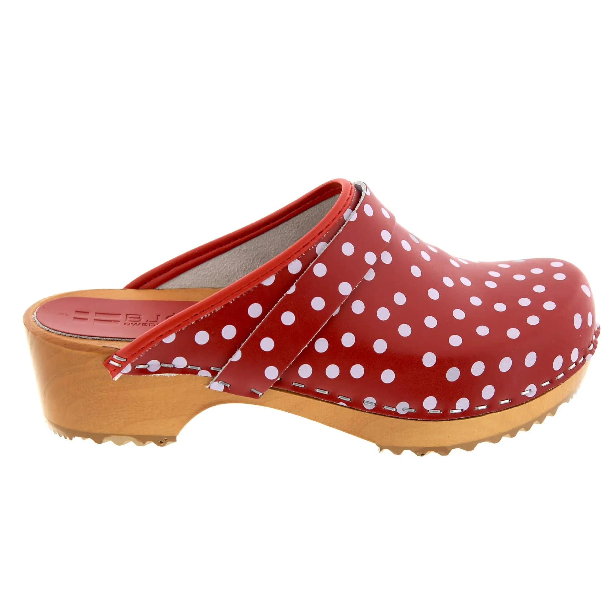 BJORK Emma Wood Open Back Red Polka Dots Leather Clogs