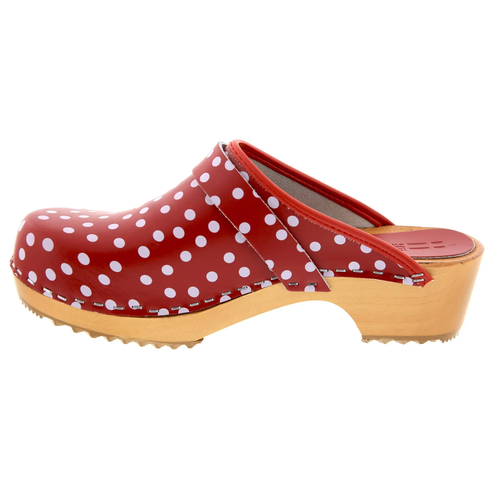 BJORK Emma Wood Open Back Red Polka Dots Leather Clogs