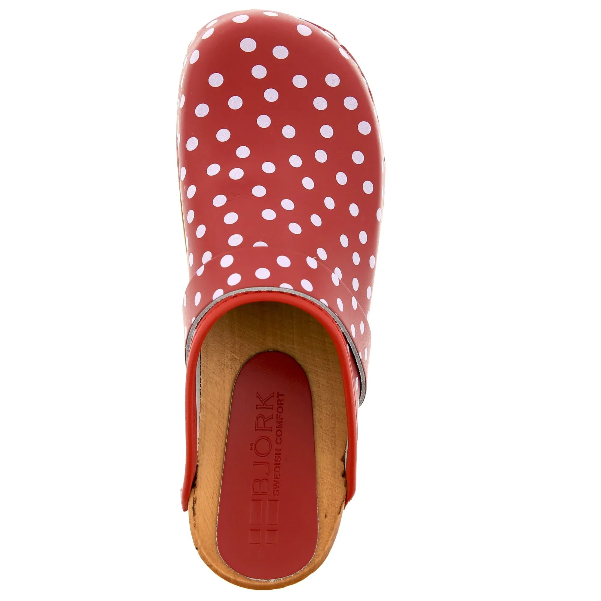 BJORK Emma Wood Open Back Red Polka Dots Leather Clogs