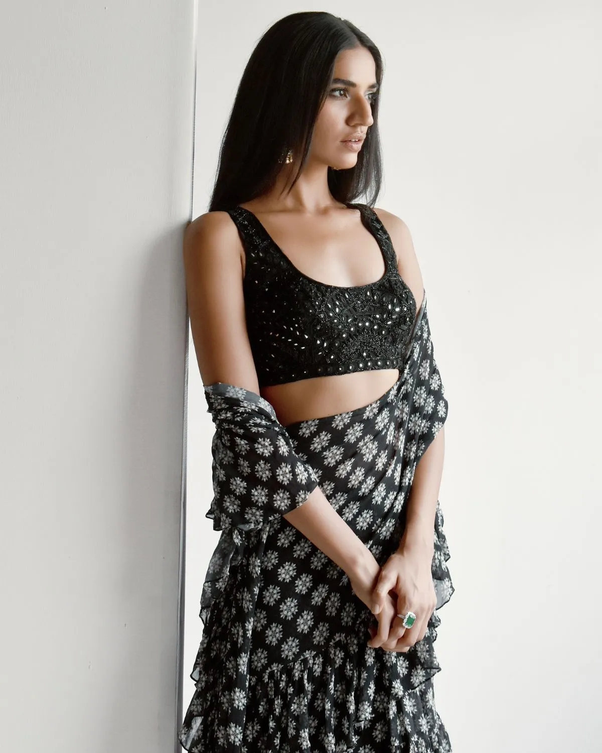 Black Butti Print Ruffle Sari Set