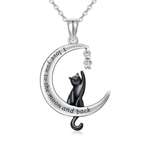 Black Cat Necklace Sterling Silver Black Cat Moon Jewelry Gifts