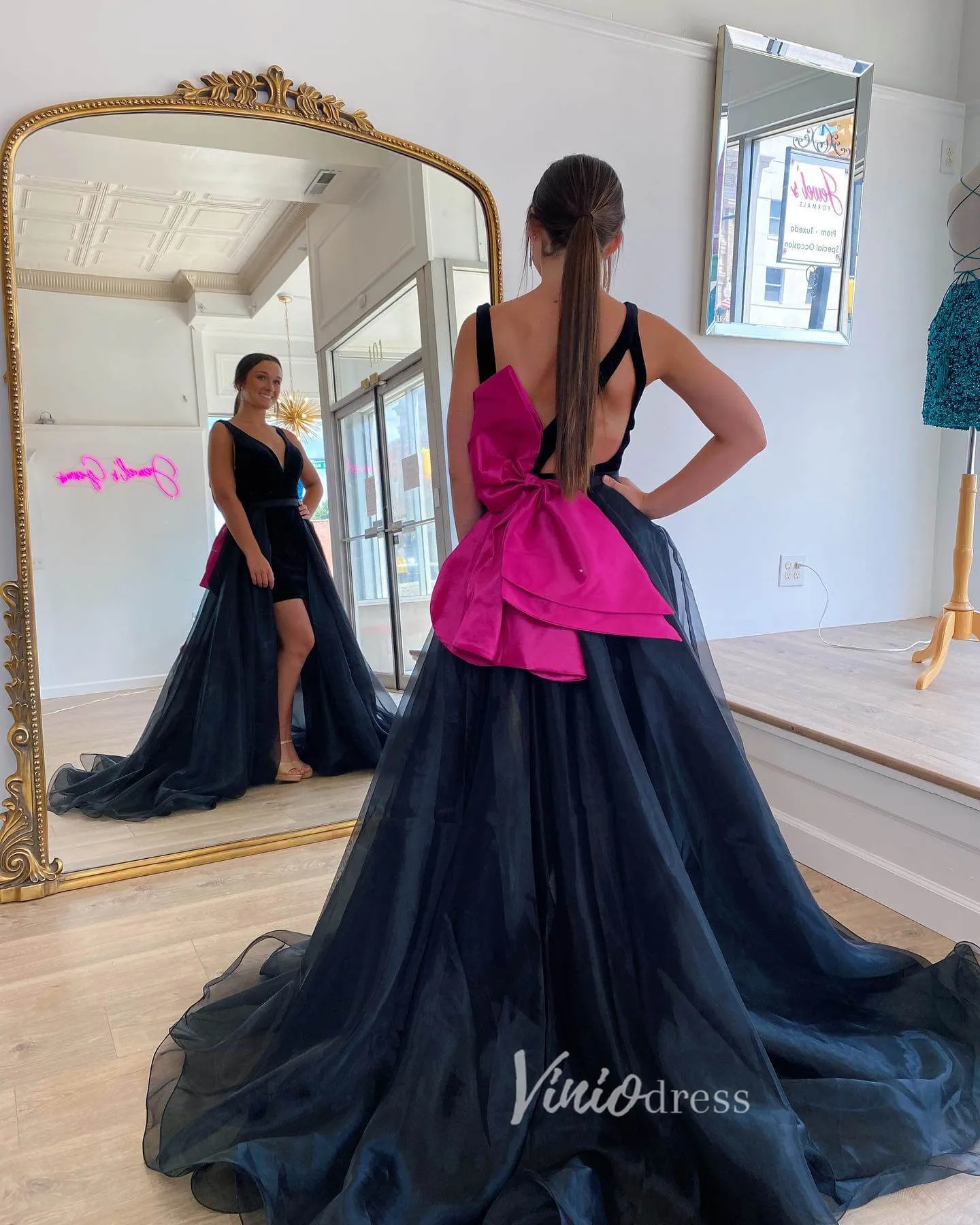 Black Removable Train Prom Dresses V-Neck Homecoming Dress FD3132