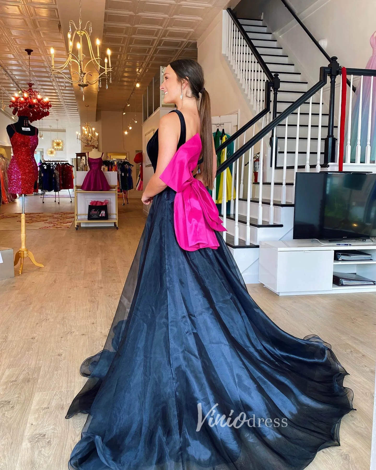 Black Removable Train Prom Dresses V-Neck Homecoming Dress FD3132