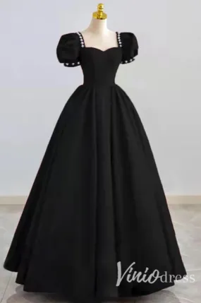 Black Satin Prom Dresses Puffed Sleeve Formal Gown FD3244