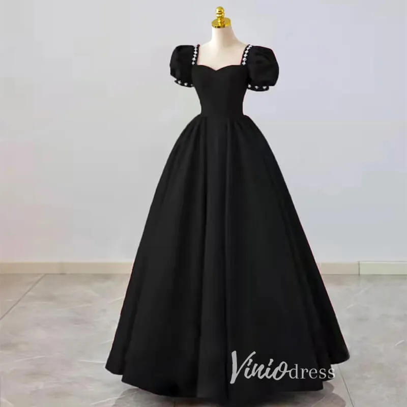 Black Satin Prom Dresses Puffed Sleeve Formal Gown FD3244