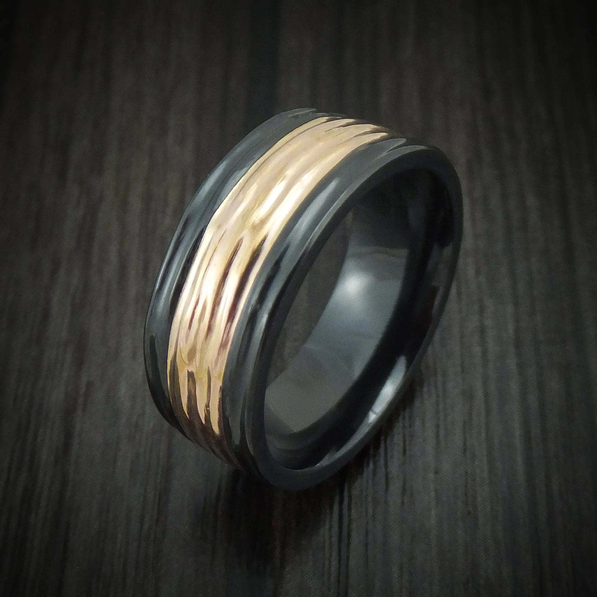 Black Titanium and 14K Gold Men's Ring with Tree Bark Finish Custom Made Band